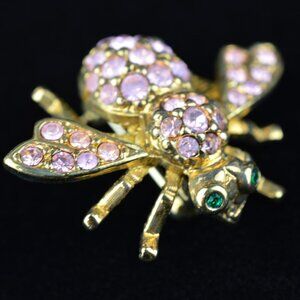 Vintage Joan Rivers Pin Signed Pink Rhinestone Bee Brooch Gold Tone Green Eyes